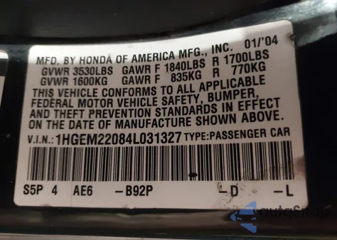 2004 Honda Civic Ex from USA, damaged, VIN 1HGEM22084L031327